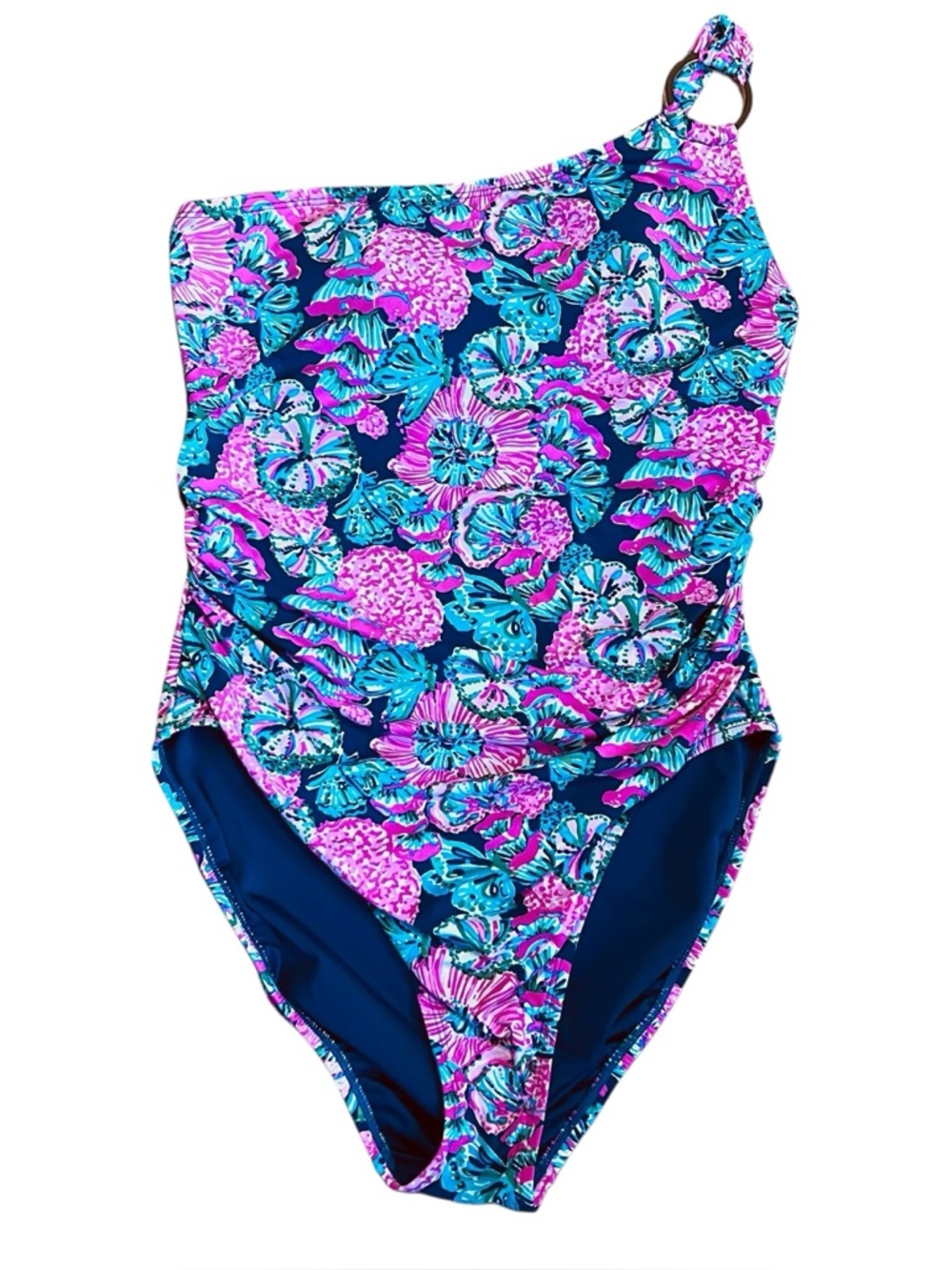 Lilly Pulitzer Women 10 Pink Blue Floral Leola Swimsuit One Piece Asymmetrical - Picture 2 of 12